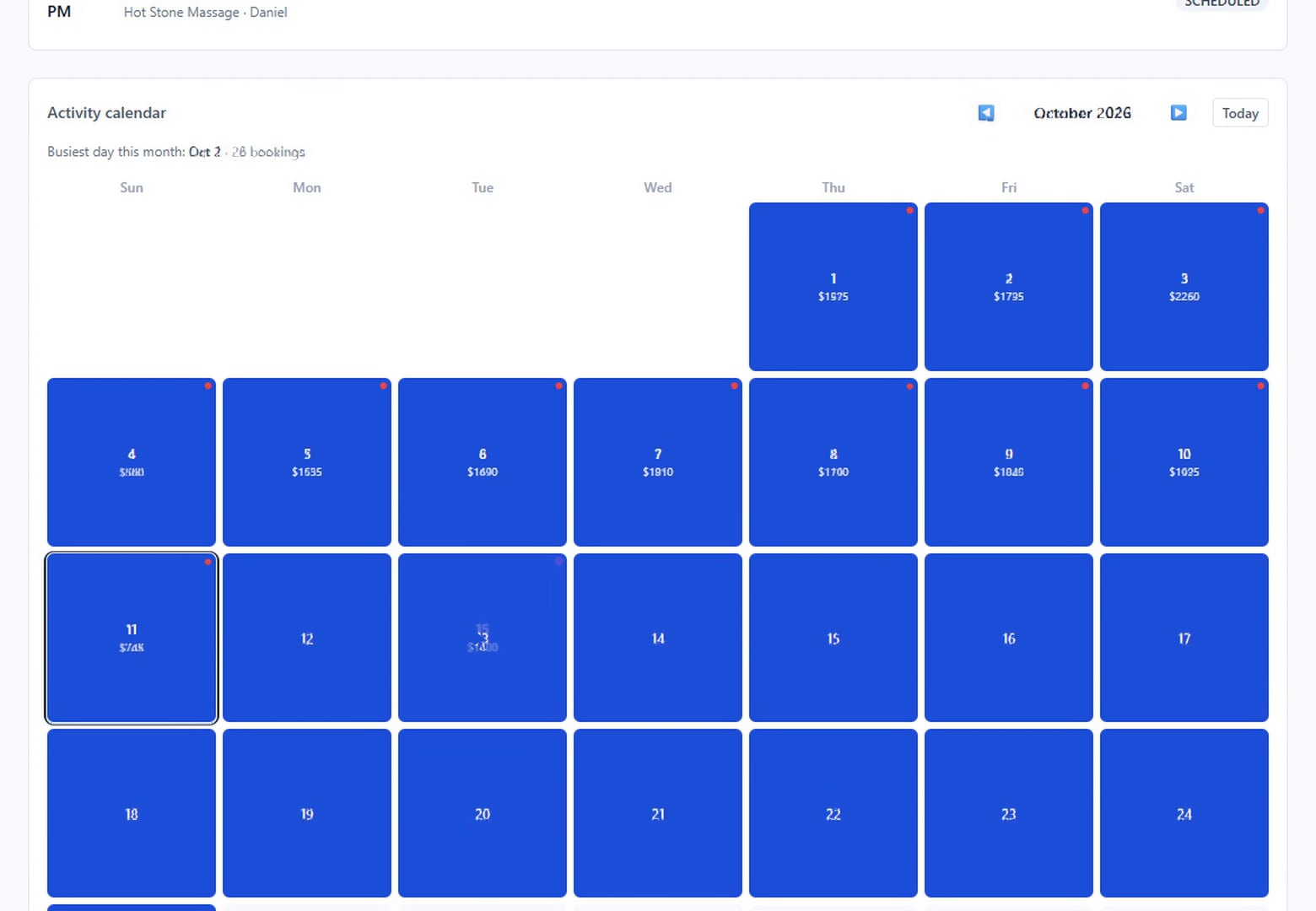 Lumière salon system, booking calendar screen