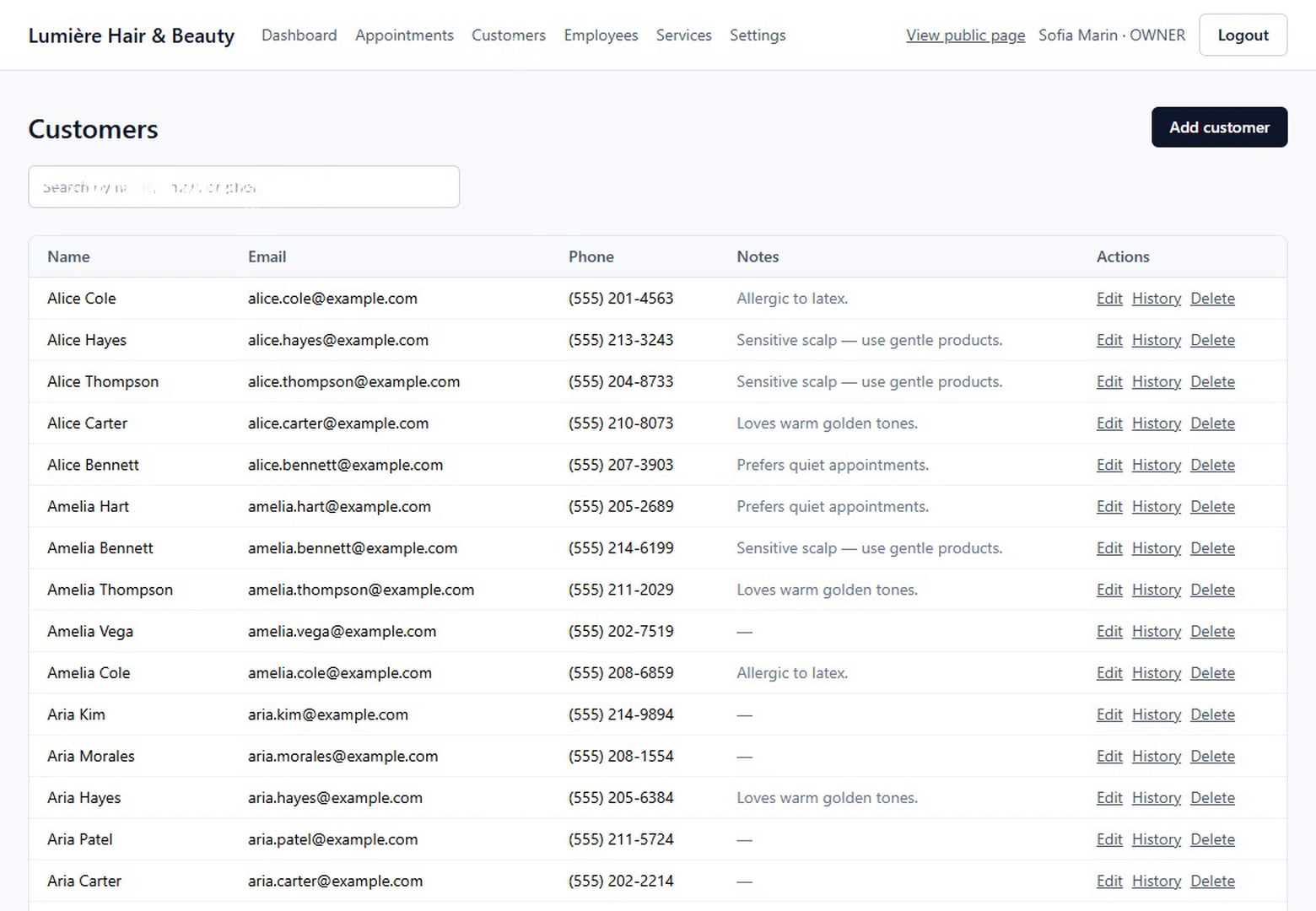Lumière salon system, customer records screen