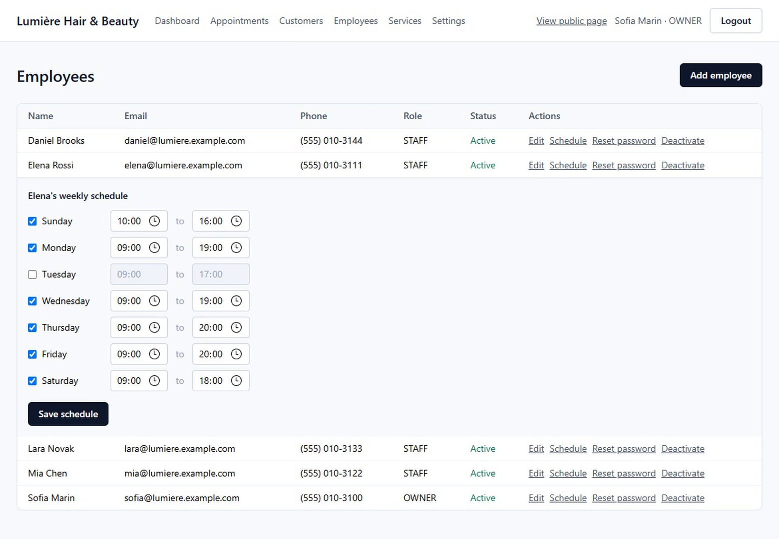 Lumière salon system, staff & schedules screen