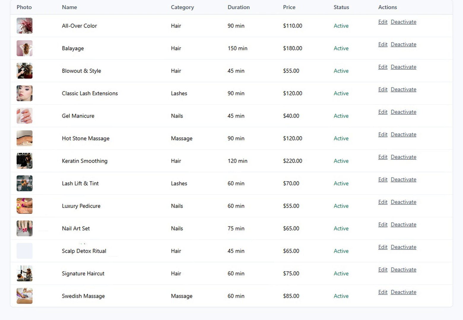 Lumière salon system, services & pricing screen