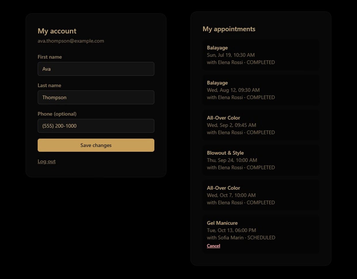 Lumière salon system, customer account screen